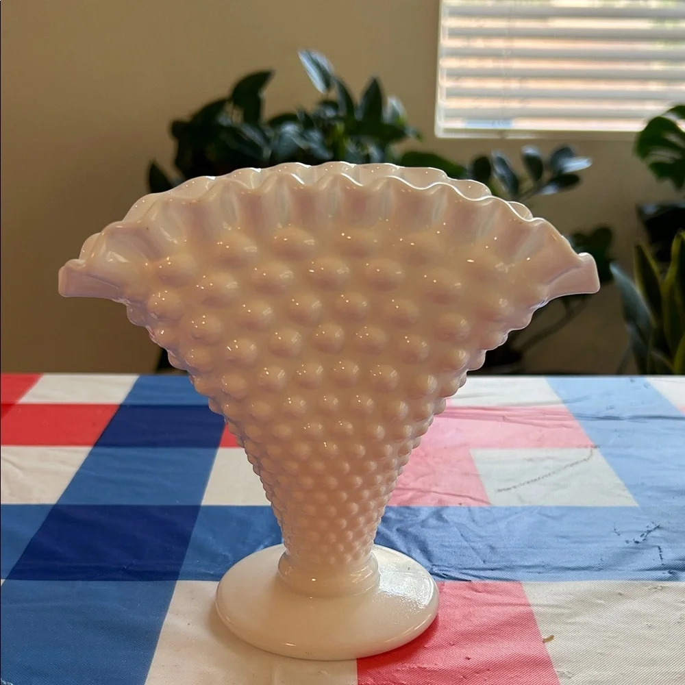 Vintage Fenton White Milk Glass Hobnail Fan Vase